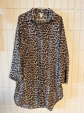 Leopard Print Button-Up Tunic Top - Beige/Black